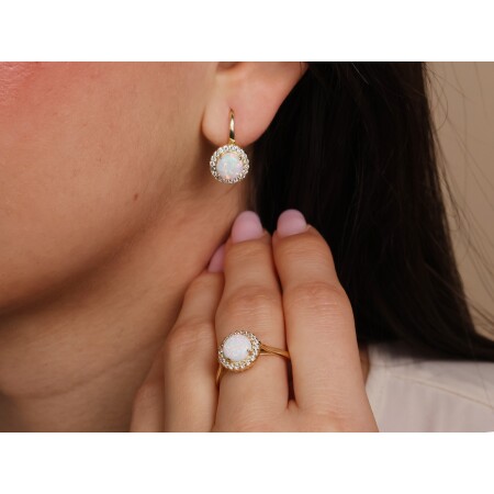 Pierścionek złoty z opalem i cyrkoniami - obrazek 3