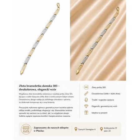 Złota bransoletka dwukolorowa 585 – elegancki geometryczny wzór